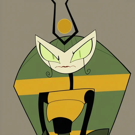 score_9, score_8_up, score_7_up, score_6_up, score_5_up, score_4_up, source_cartoon, cartoon, didgital art BREAK solo, 1girl, mature female, looking at viewer, eye contact, upper body, vexus, green eyes, robot, humanoid, antennae, stripped, show accurate, :3