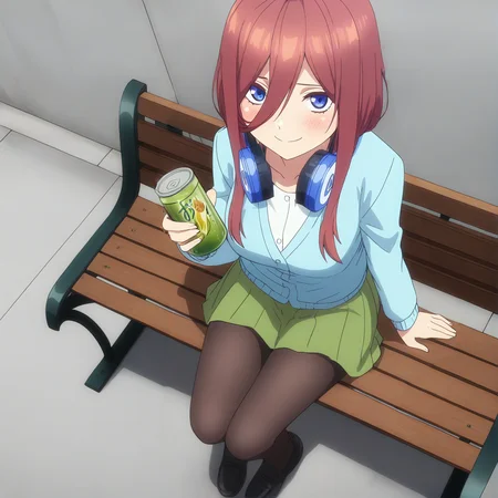 masterpiece, high quality, high res, absurd res, ultra high quality,
<lora:Miku_Nakano_Illustrious_v57:1>, M1kuNakan0_Illu, 1girl, solo, brown-red_hair, hair_over_eye, long_hair, bangs, dark-blue_eyes, headphones, (triangle_logo:1.1), light_blue_shirt, blushing, green_miniskirt, tights, black_dress_shoes, holding, matcha soda, sitting, bench, from above, faint smile