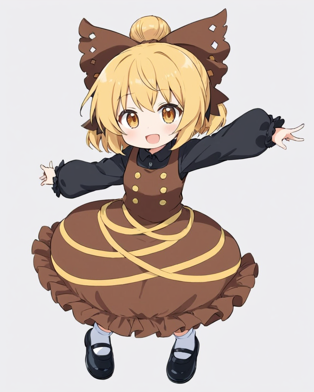 kurodani yamame,1girl, solo, brown_dress, white_background, long_sleeves, open_mouth, full_body, simple_background, black_footwear, hair_bow, shoes, twitter_username, looking_at_viewer, one-hour_drawing_challenge, white_socks, black_bow, black_shirt, buttons, :d, upper_teeth_only, ribbon
<lora:kurodani_yamame_image2914_2023-12-17-000008:1>,star-shaped_pupils,symbol-shaped_pupils,. gorgeous,key visual, vibrant, studio anime,award-winning, professional, highly detailed,high budget, cinemascope
