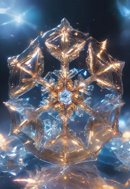 (high quality), (masterpiece), (detailed), 8K, An award-winning glowing snowflake, encased in a perfectly transparent glass bubble, floats delicately within a surreal winter setting. Its intricate, symmetrical crystalline patterns radiate a mesmerizing, golden luminosity, blending warm hues of amber, peach, and soft rose that glow softly through the glass. The bubble is adorned with delicate frost patterns along its edges, reflecting and refracting the snowflake’s warm light, casting a magical aura on its surroundings. Encased within, the snowflake sparkles with fine detail, as if suspended in time, evoking feelings of joy, serenity, and wonder, captivating all who witness this breathtaking masterpiece, glowneon, geometric, sparks, GlowingInk