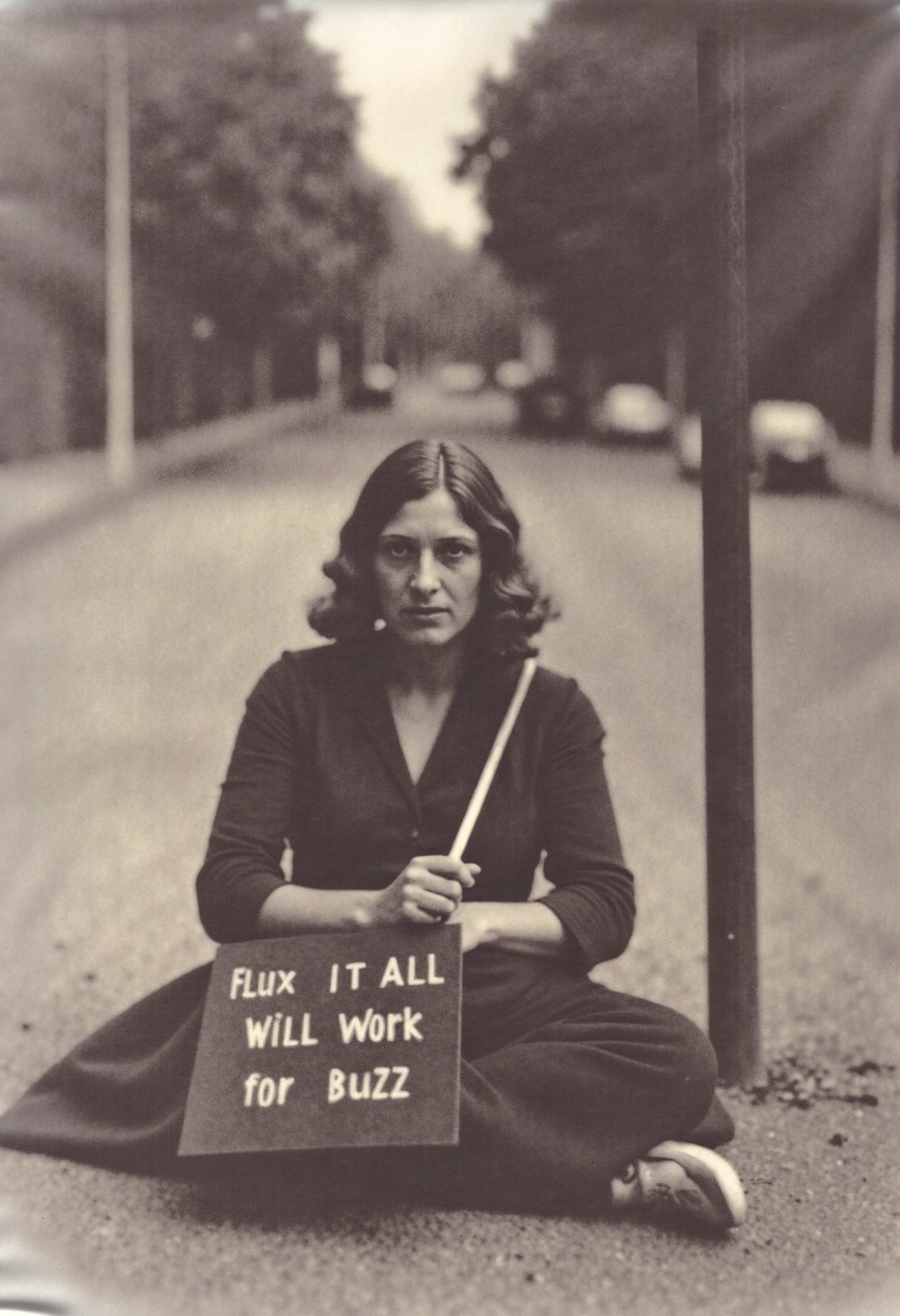 A homeless german woman sits on the side of the road holding a sign that reads "FLUX TOOK IT ALL" is seen on the top of the image, with the words "WILL WORK FOR BUZZ" printed on the bottom of the image like an old 1920`s style movie poster