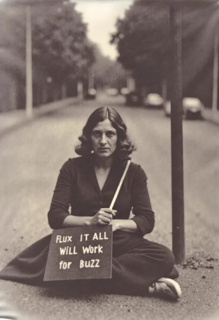 A homeless german woman sits on the side of the road holding a sign that reads "FLUX TOOK IT ALL" is seen on the top of the image, with the words "WILL WORK FOR BUZZ" printed on the bottom of the image like an old 1920`s style movie poster
