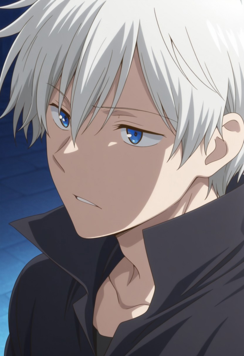 masterpiece,best quality,amazing quality, source_anime, 
ZenWistaria, 1boy, male focus, solo, blue eyes, white hair, shirt, black shirt, popped collar, portrait, parted lips,