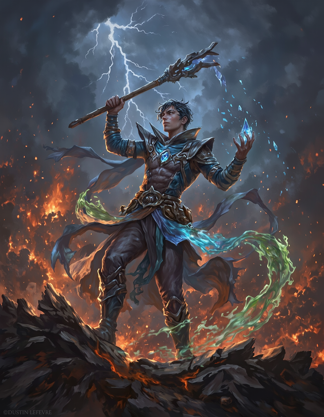 Mystical Scene with Elemental Control, digital art piece, young man, Dustin Lefevre, intense focus, chaotic atmosphere, stormy sky, lightning strikes, flames in background, staff, wood, blue crystal, glowing, swirling elements, control, magic, fantasy, vibrant colors, shades of blue, brown, green, orange, water, earth, air, fire, dynamic movement, ethereal mood, awe-inspiring, thrilling, mystical energy, heroic pose.