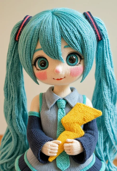 Hatsune miku, holding a yellow lightningbolt symbol. knitted style