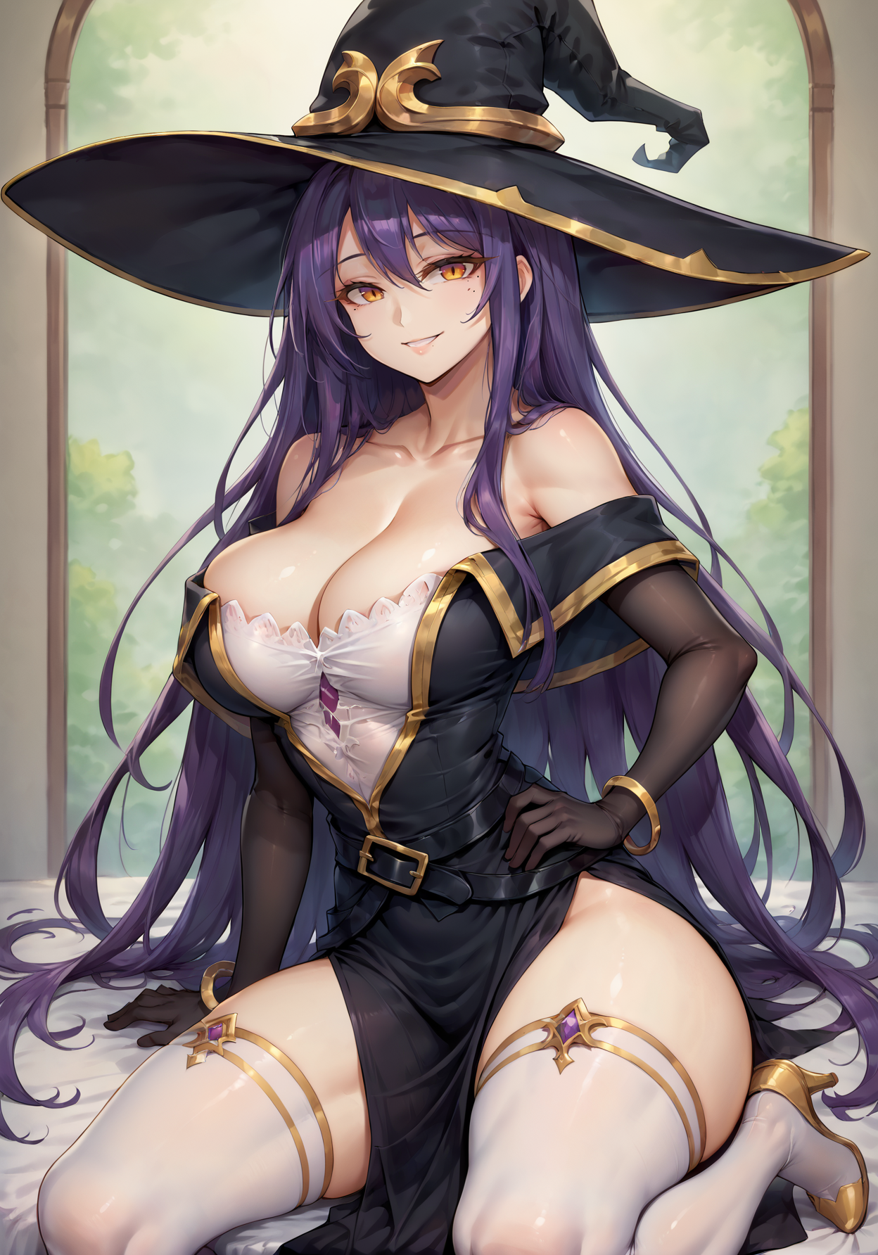 score_9, score_8_up, mlgswtch, <lora:Witch - Goblin Slayer - PDXL:0.8>, 1girl, solo,  bare shoulders, black belts, black dress, black gloves,  off shoulder dress, high heels, long sleeves, side slit,  gold trim, gold trimmed thigh highs, strapless,    mole under eye, large breasts, white bustier, smile,  bracelets, hand on one  hip,    contrapposto, witch hat,  wide hips,