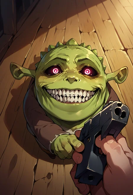score_9, score_8_up,score_7_up,score_6_up, source_anime,solgo, sharp teeth, evil grin, black sclera, glowing eyes,portrait, shrek, green skin,godoacrime, from above, chibi, pov hand, holding gun
<lora:Solgo-grin-v1-potat:0.8>
<lora:Shrek_XLPD:0.8> <lora:goDoACrimeMemeDora_v10:1>