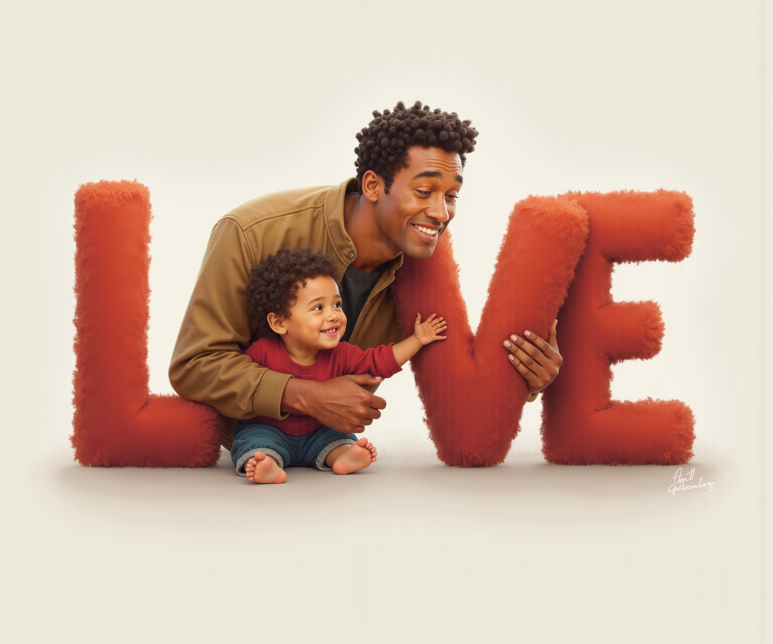 **Create an artistic representation of the word "LOVE". Integrate the essence of a father-child bond and a serene, holy atmosphere.** **Character Analysis:** - **Father:** Male, approximately 30-40 years old, medium build. He has a strong jaw and warm smile, with deep-set eyes that reflect joy. His hair is short and natural, styled in small twists. Skin tone is rich and deep, with a smooth texture. He's wearing a casual brown jacket over a dark shirt, exuding warmth and approachability. - **Child:** Male, around 3-5 years old, small stature with a round face and bright, twinkling eyes. He has a joyful expression, with a sweet smile that shows innocence. His hair is short, curly, and fluffy. Skin tone is light brown with a soft, smooth texture. He wears a cozy red sweater that stands out vibrantly against the muted background, layered over a playful blue outfit. **Background Analysis:** - The background is a light gray, minimalist space that emphasizes the tender connection between the father and child. It conveys a mood of warmth, intimacy, and joy, with soft, diffused lighting creating an inviting atmosphere. **Word Transformation:** - Each letter of "LOVE" should morph into the shapes of the characters: curves mimicking gentle embraces, sharp lines reflecting the father's strong yet nurturing presence, and rounded edges capturing the child’s innocence. Integrate textures from the clothing and skin to give depth. **Artistic Style:** - Use a contemporary, soft realism approach that complements the emotional connection. The design should feel inviting and heartwarming, blending the characters with the flowing form of the letters. **Color Palette:** - Utilize a warm palette of deep red (from the child’s sweater), soft brown (from the father’s jacket), light beige (for skin tones), and cool gray (for the background). Let colors transition smoothly across the letters to symbolize harmony. **Composition:** - The letters should be arranged in a way that reflects the embrace of the characters. 'L' and 'O' can join to showcase the father’s protective stance, while 'V' and 'E' can encompass the child, symbolizing love’s encompassing nature. **Texture and Depth:** - Create a tactile feel to the letters by merging textures from the clothing and soft, underlying skin tones. The brushwork should reveal both character and environmental details within the letters. **Thematic Integration:** - Infuse the letters with subtle imagery representing