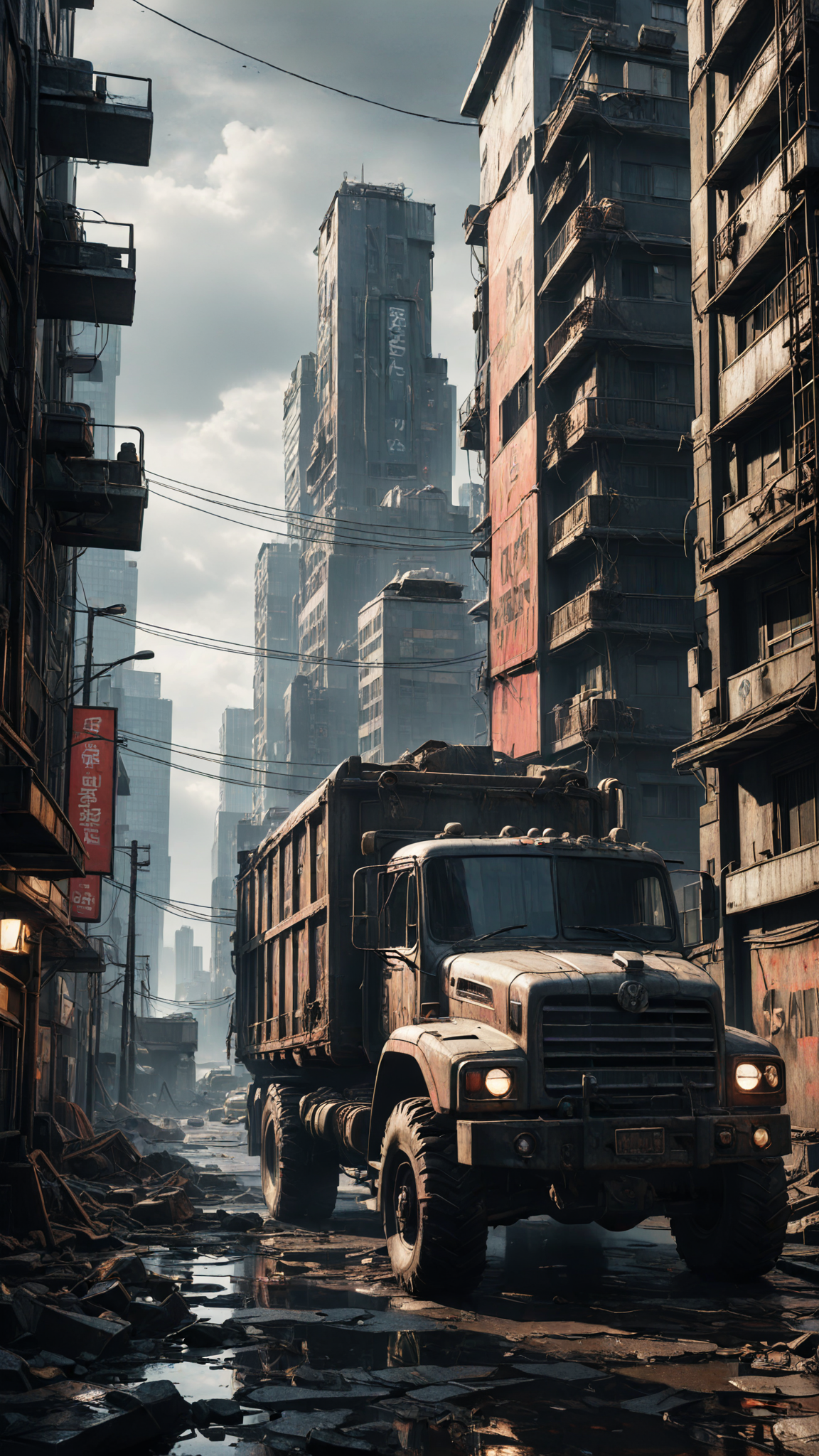 extremely detailed, there is a truck that is driving through a city with buildings, digital concept art of dystopian, post - apocalyptic city, dystopian scifi apocalypse, photorealistic dark concept art, post apocalyptic city, post apocalyptic scene, apocalyptic city, highly realistic concept art, post apocalyptic atmosphere, post apocalyptic tokyo, post apocalyptic wasteland, post - apocalyptic wasteland, post - apocalyptic city streets, unreal engine 5, perfect composition, vibrant, rtx, hbao, sharp,