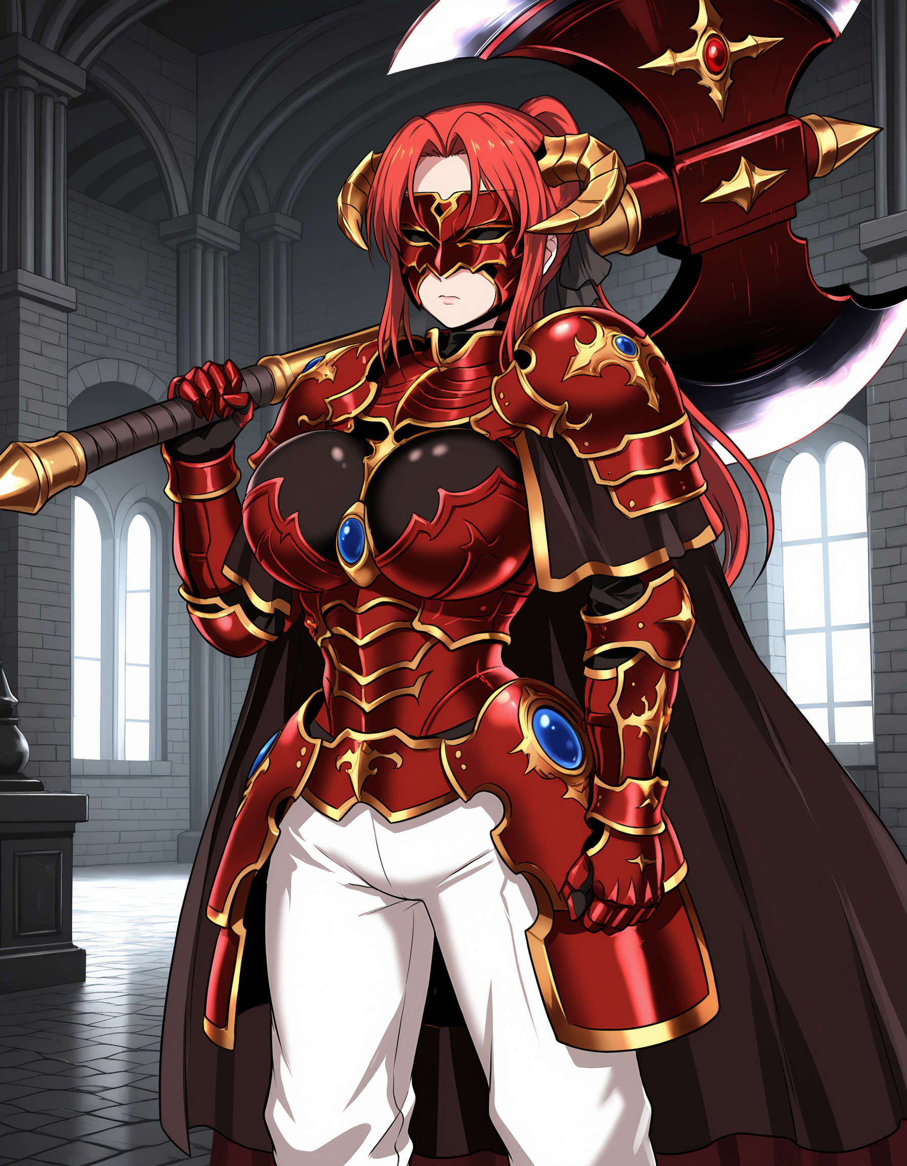 agnisflarebyte,1girl,long hair,red hair,large breasts,mature female,expressionless,ponytail,hair bow,armor,red armor,mask,horns,breastplate,shoulder armor,pauldrons,gauntlets,faulds,gem,cape,white pants,standing,indoors,castle,weapon,holding weapon,huge weapon,huge axe,weapon over shoulder,day,medieval,front view,from front,masterpiece,best quality,amazing quality, <lora:hand 5.5:0.9>,  <lora:Agnis-000010:0.9>
