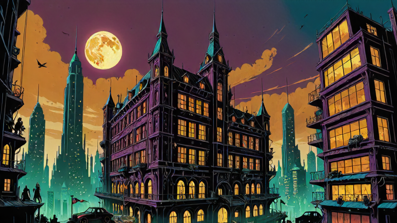 building,   dark fantasy, architecture of a best quality, Moody Planet, from the year 3000, 3D, punk aesthetics, romantic cityscapes, narrative illustration, mythology, whimsical scenes, designed by José Ladrönn, funny, macabre, ultrasharp, luxurious, beautiful, radiant, magnificent, detailed, exquisite color, deep rich colors