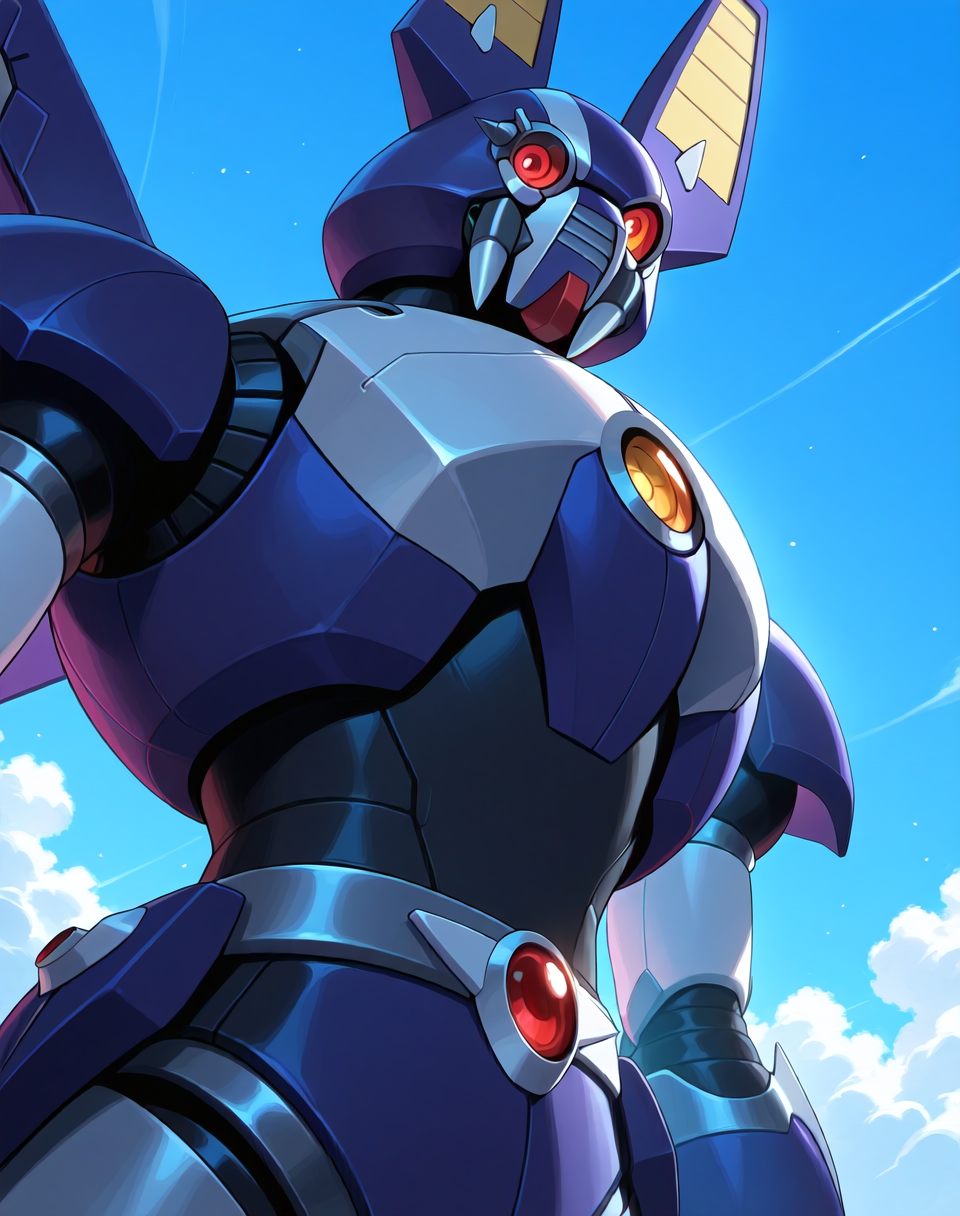 <lora:Dark_Necrobat_(Mega_Man_X)_(Illustrious)_(AD):1> Dark Necrobat, reploid, MMX, 
exterior, blue sky with clouds,
male focus, intense shadows, dynamic shadows, intricate details, attention to details, gradient coloring, bright vivid colors, robot, 
BREAK very awe, masterpiece, best quality, amazing quality, very aesthetic, highres, absurdres,
EZRealPONYXL, zPDXL, Smooth Quality, lazynsfw,
