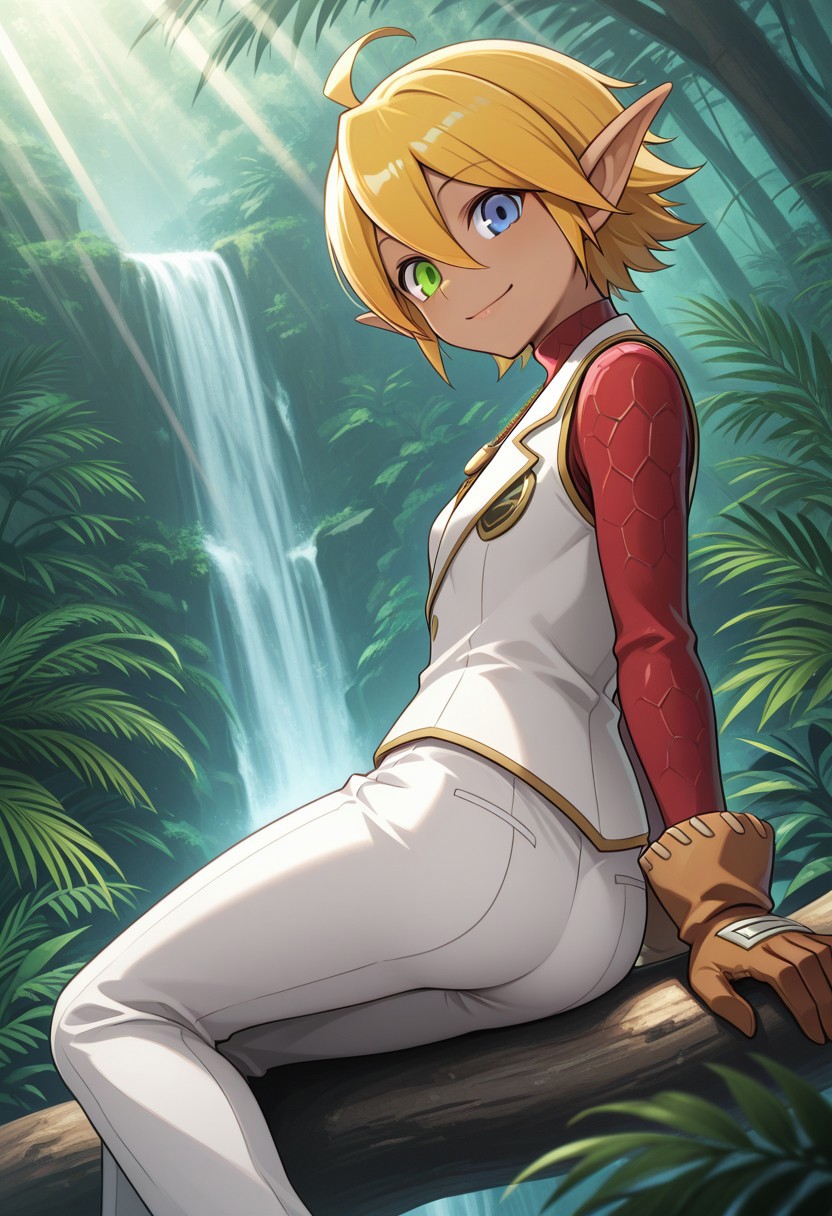 masterpiece, best quality, tomboy, blue eyes, jewelry, heterochromia, brown gloves, long sleeves, shoes, dark elf, scale armor, red shirt, dark-skinned female, blonde hair, hair between eyes, necklace, red carpet, white pants, green eyes, ahoge, pants, aura bella fiora,   1girl, pointy ears, tiny breasts, short hair, , white vest,
 outdoors, rainforest, nature, (fern), light rays, from behind, rock, waterfall, sitting on branch, dutch angle, looking at viewer, arm support, closed mouth, smile