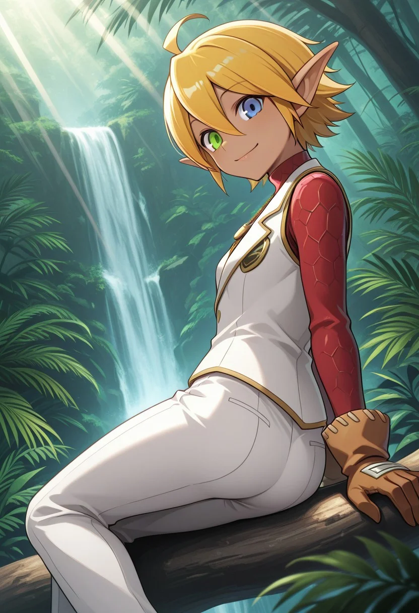 masterpiece, best quality, tomboy, blue eyes, jewelry, heterochromia, brown gloves, long sleeves, shoes, dark elf, scale armor, red shirt, dark-skinned female, blonde hair, hair between eyes, necklace, red carpet, white pants, green eyes, ahoge, pants, aura bella fiora, 1girl, pointy ears, tiny breasts, short hair, , white vest,
outdoors, rainforest, nature, (fern), light rays, from behind, rock, waterfall, sitting on branch, dutch angle, looking at viewer, arm support, closed mouth, smile