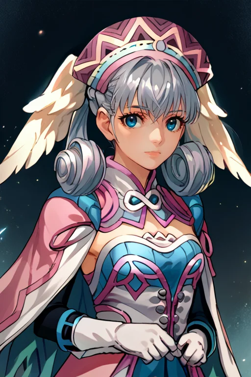 <lora:melia_xenoblade-10:1>  melia_xc, grey hair, covered head wings, crown braid, sidelocks, curly hair, blue eyes, hat, cape, white gloves, black elbow gloves, pink strapless dress, short dress,, , score_9, score_8_up, score_7_up, source_anime, detailed, high quality, beautiful, masterpiece,