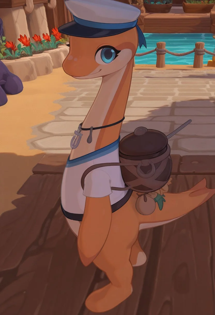 1girl, highres, absurdres, newest, masterpiece, best quality, furry, small tail, claws, coral, female, Plesiosaurus, reptile, orange skin, blue eyes, flippers, white t-shirt, sailor cap, saucepan behind the back detailed eyes, professional lighting, solo, seductive, looking_at_viewer, masterpiece, close up, explicit, day, boat