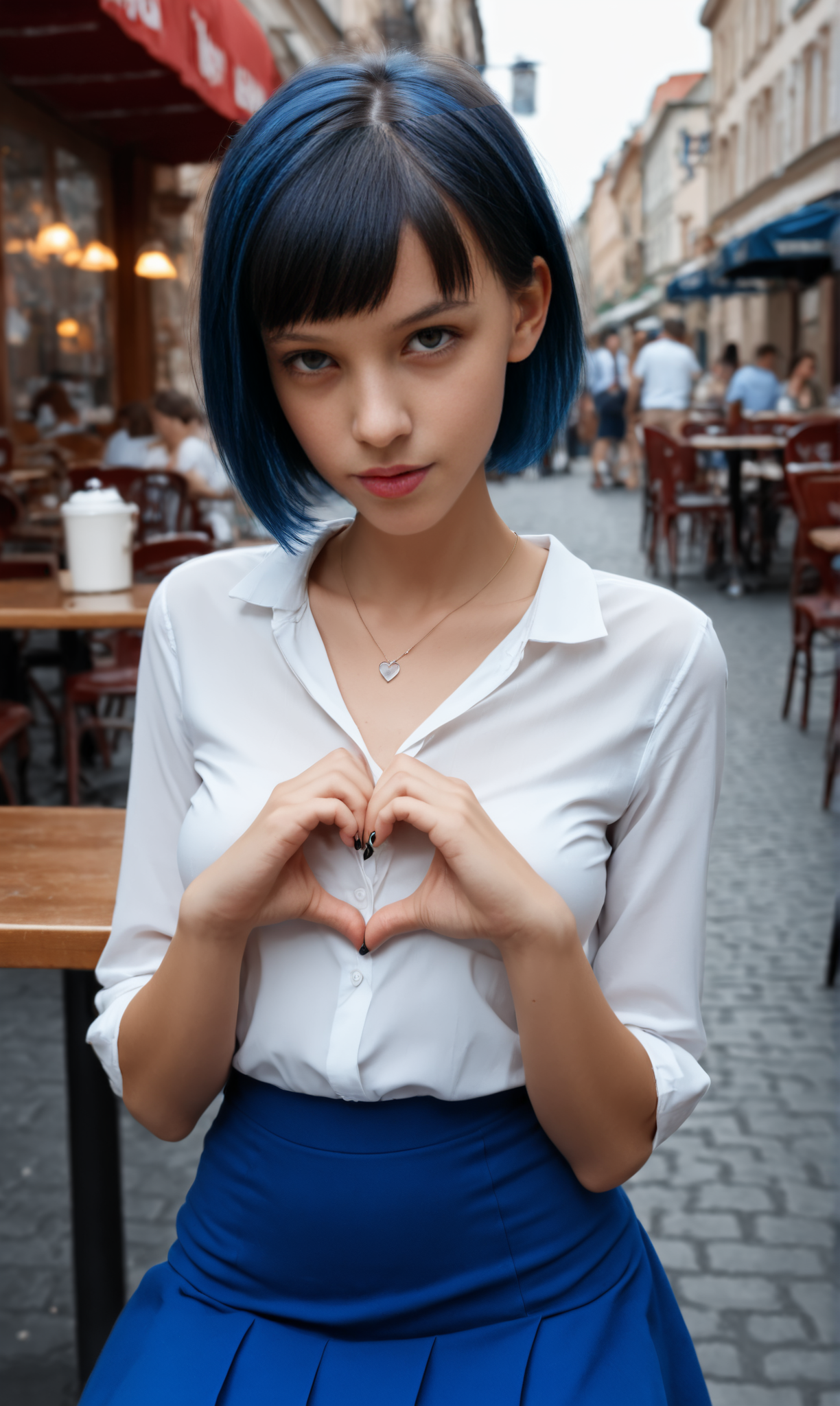slim girl in a street cafe ,  fiheartcl,  making heart with hands, blue short skirt and white blouse   , (a short dark haircut)   <lora:FingerHeart:.8>
