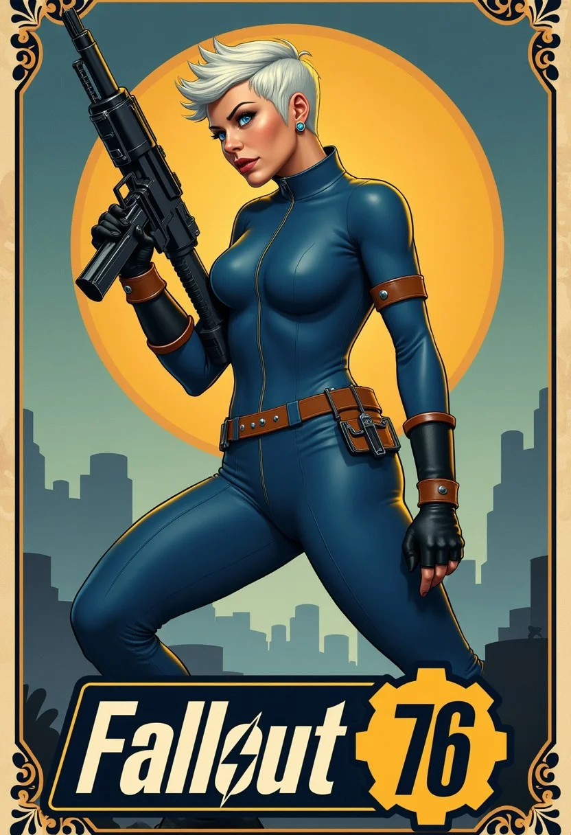 Imagine an Action Hero movie poster for a science fiction movie with art deco framing. Written across across the lower third of the poster in bold, block font are the words "Fallout 76". The Hero woman with blue eyes an white hair hime cut holding an submachine gun steampunk, wearing a one-piece blue fallout 76 suit, in an action pose hero landing. xia, ArsMJStyle, Rococo Steampunk, detailmaximizer, vintage speedpaint, ossttn,