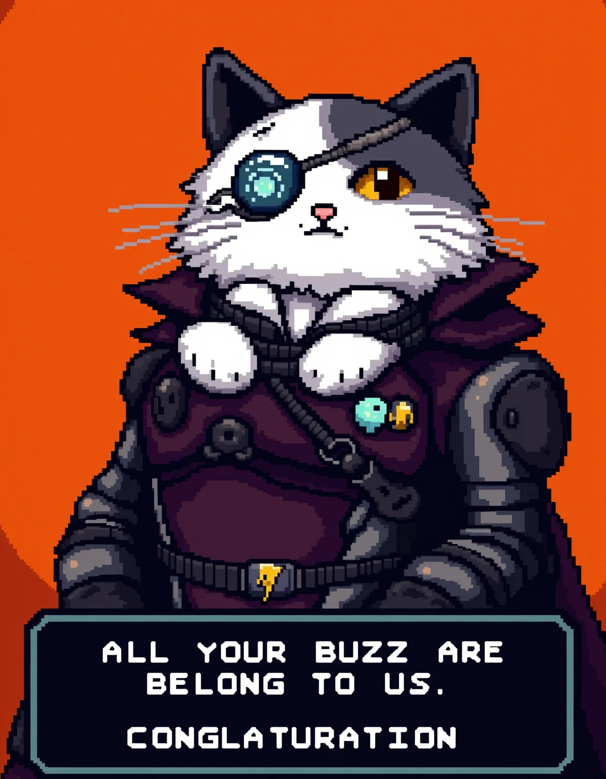 A cyborg-like cat with fluffy and white and black fur, a cybernetic implant on his left eye, and a futuristic military uniform is seen on the screen. He is wearing a dark purple cape with black and grey details, and a pin with a yellow thunder symbol. The background is a solid orange color. The text on the screen below the character reads, "ALL YOUR BUZZ ARE BELONG TO US." The text on the screen above the character reads, "CONGLATURATION". The scene has an 8-bit or 16-bit pixel art style, with a retro sci-fi aesthetic typical of early 1990s video games.