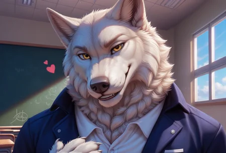 score_9, score_8_up, score_7_up, score_6_up, 1anthro, 1human, male, , furry, detailed fur, anthro, eyes, , perfect face, detailed eyes, perfect eyes, sexy, sexy boy, beautiful eyes, perfect cute face, petite body, face focus, low angle, close up, looking at viewer, POV, face focus, indoors, detailed lighting, detailed background,
smug expression, floating hearts, eye focus, smug, pleased, mischievous, smirk, seductive pose, classroom, school, flirty, flirting with viewer,
bedroom eyes, detailed eyes, perfect eyes, beautiful eyes, , detailed fur, tail, yellow eyes, realistic fur, , solo, 1 boy, young, (((handsome, detailed face and eyes))), wolf, white wolf, solo, white detailed fluffy fur , realistic yellow eyes, neck fluff, yellow eyes, extremely detailed eyes, wolf, bara, muscular, toned , Haruki, anthro wolf, Haruki_Koizumi, sexy, wolf tail, eyes focus, anthro wolf hands, claws, detailed anthro hands, detailed fluffy fur, white fur, white shirt, school jacket , school, classroom, <lora:Haruki_Koizumi_-_Tennis_Ace:0.62>
tail, uncensored,
<lora:princess_xl_v1:1> <lora:Expressive_H:0.65> <lora:g0th1cPXL:0.45> <lora:incase-ilff-v3-4:0.3>