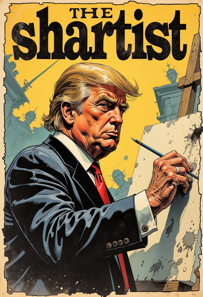 (comic book style) , vintage comic book with the title text: "The shartist", a breathtaking detailed illustration of Donald Trump as a painter holding a paintbrush and drawing a turd fart.
