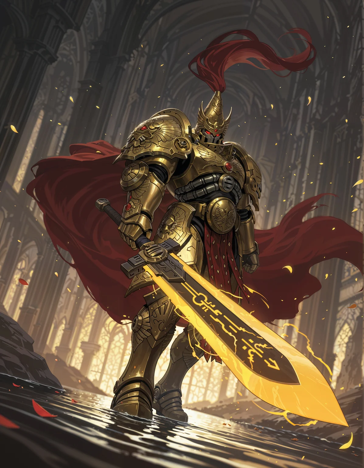 masterpiece, best quality,high quality, newest, highres,8K,HDR,absurdres, iLLCustodes40k, 1boy, solo, close up, helmet, detailed helmet, red eyes, enchanted sword, floating petals, mechanical power armor, golden armor, intricate patterns, ethereal glow, holding sword, armored gauntlets, high fantasy, flowing cape, standing on water, floral motifs, yellow and black palette, celestial symbols, moonlit background, misty environment, depth of field, dramatic lighting, mystical aura, detailed background, dynamic pose, foreshortening, fantasy illustration, glowing runes, limited palette, elegant battle stance, cinematic shot., detailed background, dynamic pose, dynamic composition,dutch angle, detailed backgroud,foreshortening,blurry edges <lora:iLLCustodes40k:1>