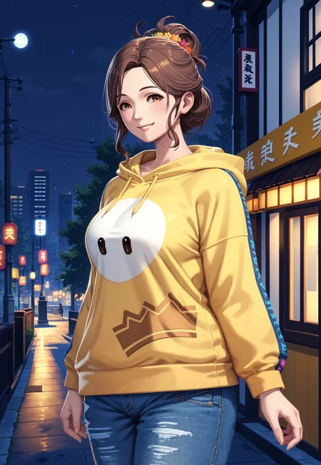 gentlebean_ffxiv, 1girl, solo, hood, hoodie, yellow hoodie, hood down, denim pants, smile, medium length hair, updo, brown hair, brown eyes, mature, voluptuous, tokyo city, dusk, night sky, BREAK PonyXLV6_Scores