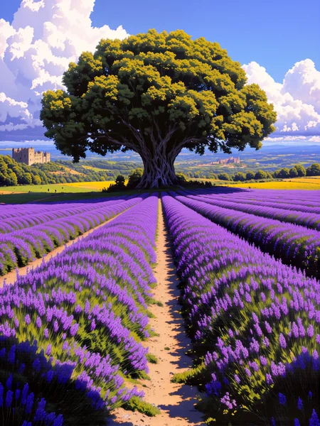 famous masterwork painting in a detailed and intricate style blending realism with romantic impressionism, masterful composition, following the golden ratio, dappled sunlight, dramatic sky, dark corners, the vast lavender fields of provence, france, stretch across the foreground and middle ground in perfect rows of vibrant purple, the fields are framed by rolling green hills and a picturesque castle ruin perched on a distant hilltop, its ancient stone walls partially covered with vines, the setting evokes a timeless charm and historical intrigue, in the middle ground, a large single gnarled ancient oak stands as a towering figure amidst the rows of lavender, its twisted branches and rugged bark telling a story of resilience and age, soft dappled sunlight filters through its canopy and the light clouds, casting highlights and shadows across the fields, emphasizing the natural textures and lush tones of the landscape, the sky is a harmonious blend of blues and whites, filled with soft, billowing clouds that seem to drift lazily, adding depth and tranquility to the scene, subtle hints of sunlight break through, illuminating the castle ruin and creating a sense of warmth and serenity, the composition is balanced and picturesque, leading the viewer's eye from the lavender rows in the foreground to the castle in the background, the perspective draws attention to the harmony between nature and the remnants of history, evoking a sense of timeless beauty, the lighting is soft and natural, creating a radiant yet calming atmosphere, intricate brushstrokes bring out the delicate texture of the lavender blooms, the rugged detail of the tree, and the weathered stone of the castle, the interplay of light and shadow adds depth and vibrancy to the painting, with rich purples, greens, and golden tones dominating the palette, subtle hints of blue and white provide contrast in the sky, crafted with meticulous attention to detail, the painting captures the serene and tranquil beauty of provence, blending the majesty of nature with the quiet allure of historical ruins, evoking a sense of peace and timeless wonder, style of alena aenami, aidmamj6.1, <lora:midjourney_61-v0.4-flux-by_aidma:0.44> <lora:style-alena_aenami-flux-by_tangbohu:0.8> <lora:epic_gorgeous_details-balance-flux-by_flyway:0.56> <lora:faetastic_details-flux-by_faeia:0.56>