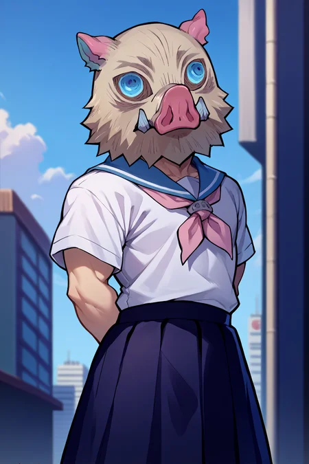 score_9, score_8_up, score_7_up, score_6_up, source_anime, 1boy, male focus, solo, <lora:inosuke-pdxl-nvwls-v1-000005:1> inosuke, pig mask, white shirt, short sleeves, sailor collar, black skirt, arms behind back, blue sky, city
