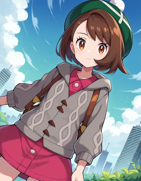 score_9, score_8_up, score_7_up, source_anime,
pokemongloria, <lora:pokemon-gloria-ponyxl-lora-nochekaiser:1>
pokemongloria, brown eyes, brown hair, medium hair,
cardigan, dress, green headwear, grey cardigan, hood, hood down, hooded cardigan, long sleeves, pink dress, short dress,
outdoors, cityscape,
looking at viewer, cowboy shot, dutch angle,