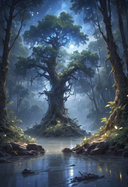An ethereal moonlit scene showcasing a vast, ancient tropical forest where towering trees with glowing leaves create a canopy of light. A crystal-clear river winds its way through the forest, its waters shimmering with the reflections of the glowing foliage. In the center of the scene, a grand, ancient tree with a massive, glowing trunk stands as the heart of the forest, its branches stretching towards the sky. The sky is a deep, starry blue, with the full moon casting a soft, silver light over the landscape. Fireflies dance in the air, adding to the magical, otherworldly atmosphere. This enchanting artwork captures the mystical, serene beauty of a forest alive with ancient magic, bathed in the soft light of the moon, sandy river banks, white sand, The overall scene evokes a sense of awe and solemnity, [romantic impressionism,dream scenery art,beautiful oil matte painting,romantic,style of thomas kinkade,beautiful digital painting,anime landscape,romantic painting,dreamlike digital painting,colorful painting,beautiful gorgeous digital art,style of greg rutkowski,janek sedlar,jenny saville:0] <lora:vivid_everclear:0.6>  <lora:Sinozick:1>