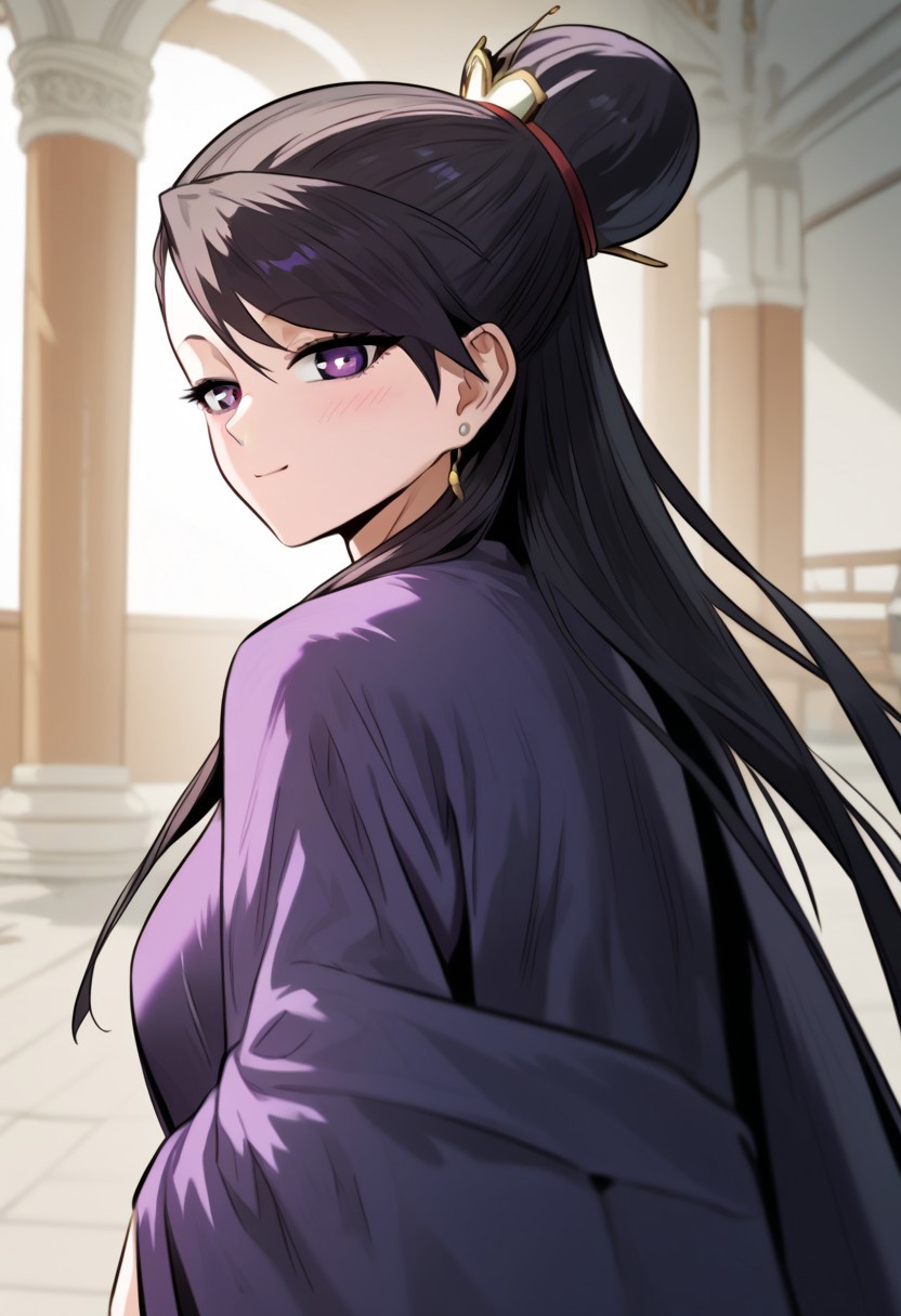 zPDXL3, score_9_up, score_8_up, score_7_up, (Anime_source), 1girl, TangSeoYeon, purple eyes, black hair, long hair, hair bun, long shawl, looking back, cowboy shot, looking at viewer, smile, little blush, upper body, closed mouth
