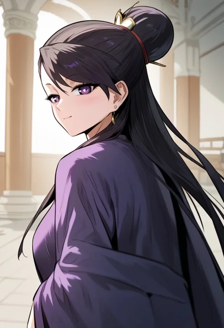zPDXL3, score_9_up, score_8_up, score_7_up, (Anime_source), 1girl, TangSeoYeon, purple eyes, black hair, long hair, hair bun, long shawl, looking back, cowboy shot, looking at viewer, smile, little blush, upper body, closed mouth