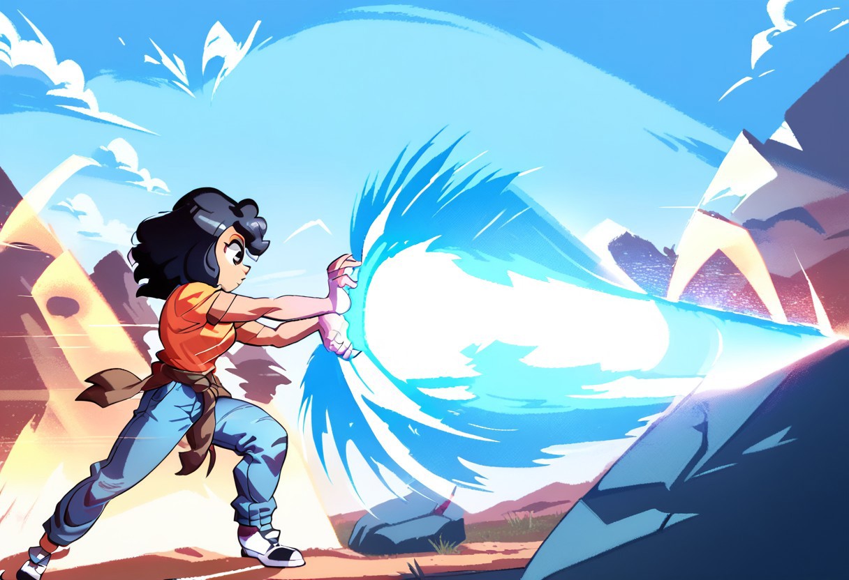 score_9, score_8_up, score_7_up, side view, long shot, profile view,
   , masterpiece, beautiful,1 girl, wide hips, thong around waist, Kamehameha-Trow,SHARP laser beam, energy beam out of hands moving forward,outstrecthed arms, claw gesture, elenamics, black hair, brown eyes,gren shirt, jeans, pov,  white sneakers, rocky field,