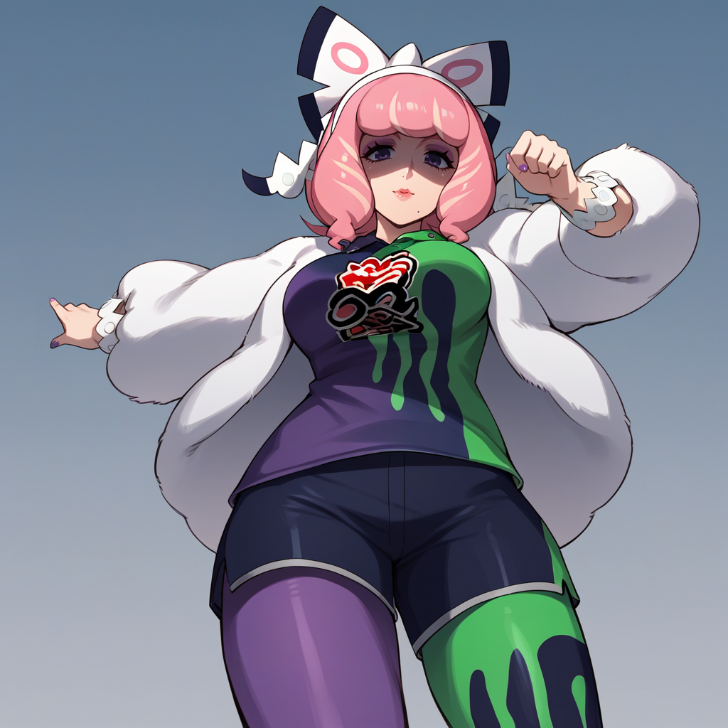 score_9,score_8_up,score_7_up,score_6_up,source_anime,rating_safe, plain background, stylized, action shot, low angle, dramatic pose, <lora:Klara_SWSH:0.8>klara_swsh, 1girl, pink hair, mole under mouth, large breasts,, zPDXL2,