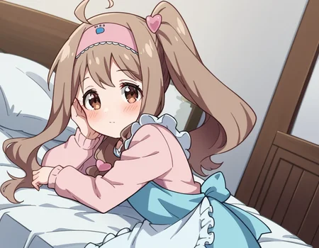 score_9, score_8_up, score_7_up, source_anime,
kinuehayase, <lora:kinue-hayase-s2-ponyxl-lora-nochekaiser:1>
kinue hayase, long hair, brown hair, brown eyes, side ponytail, hairband, sidelocks, ahoge,
dress, apron, blue apron, frills, frilled apron, long sleeves, heart, hair ornament,
indoors, bed, bed room, on side, blush, drunk,
looking at viewer, cowboy shot, dutch angle, solo,