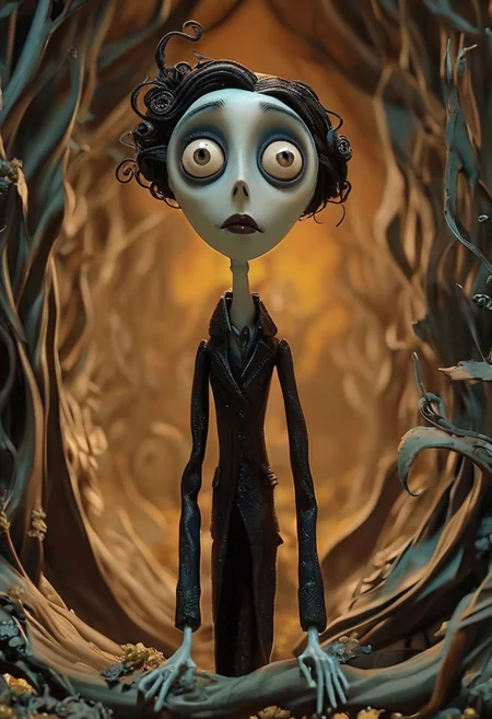 (Design: Tim Burton. Artwork based on concept art full body design of theme (Tim Burton's Corpse Bride) Oblique angle shot, Anatomy, Trending on ArtStation, Trending on CGSociety, Exquisite, High resolution, Sharp focus, Dramatic, Photorealistic painting art by Midjourney and Greg Rutkowski, LegendDarkFantas,<lora:EMS-384162-EMS:0.800000>