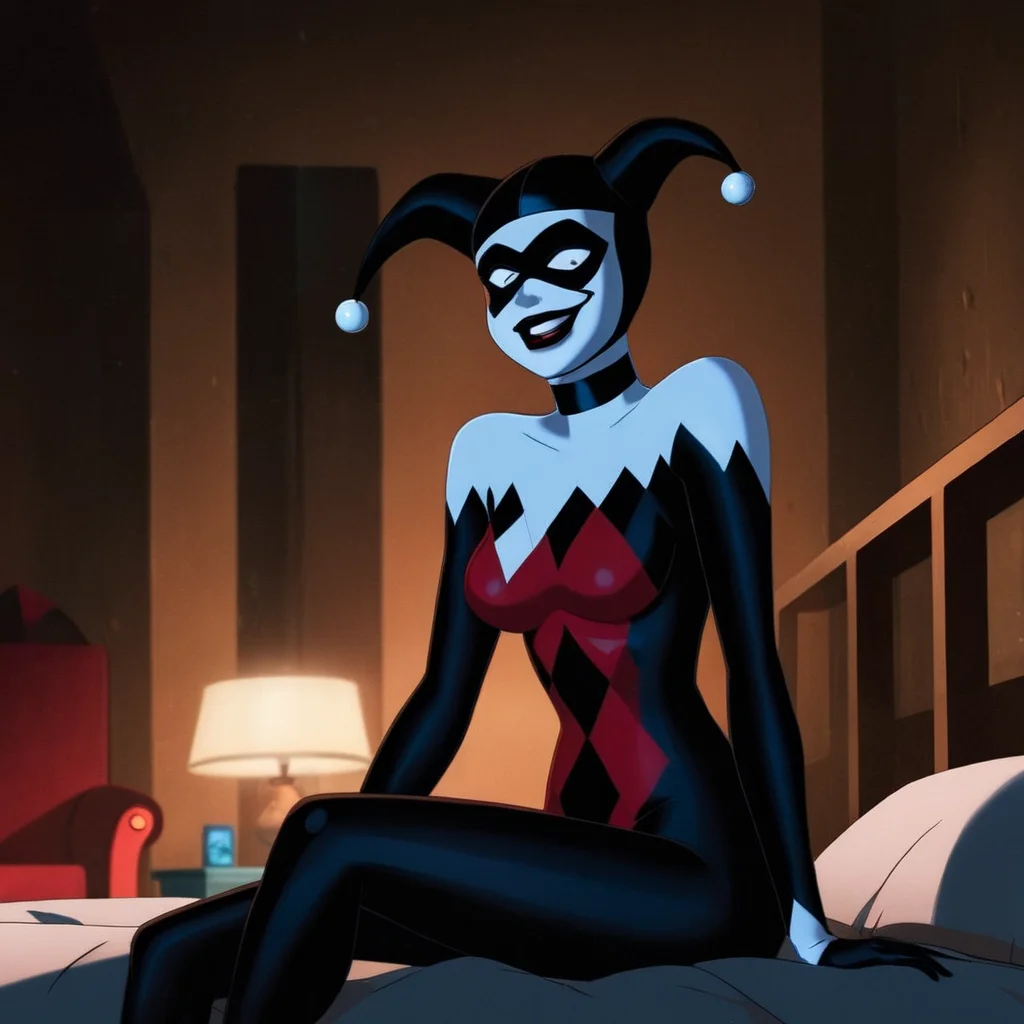 Dark Fantasy Art of <lora:Harley Quinn:1.2>
Harley Quinn a naked breasts cartoon woman in a Harley Quinn mask is sitting on a bed In Gotham City Universe, dark, moody, dark fantasy style