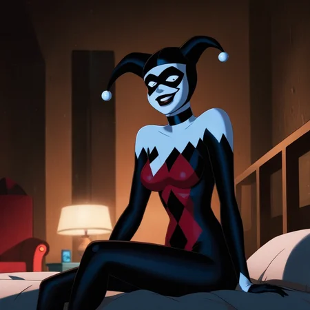 Dark Fantasy Art of <lora:Harley Quinn:1.2>
Harley Quinn a naked breasts cartoon woman in a Harley Quinn mask is sitting on a bed In Gotham City Universe, dark, moody, dark fantasy style