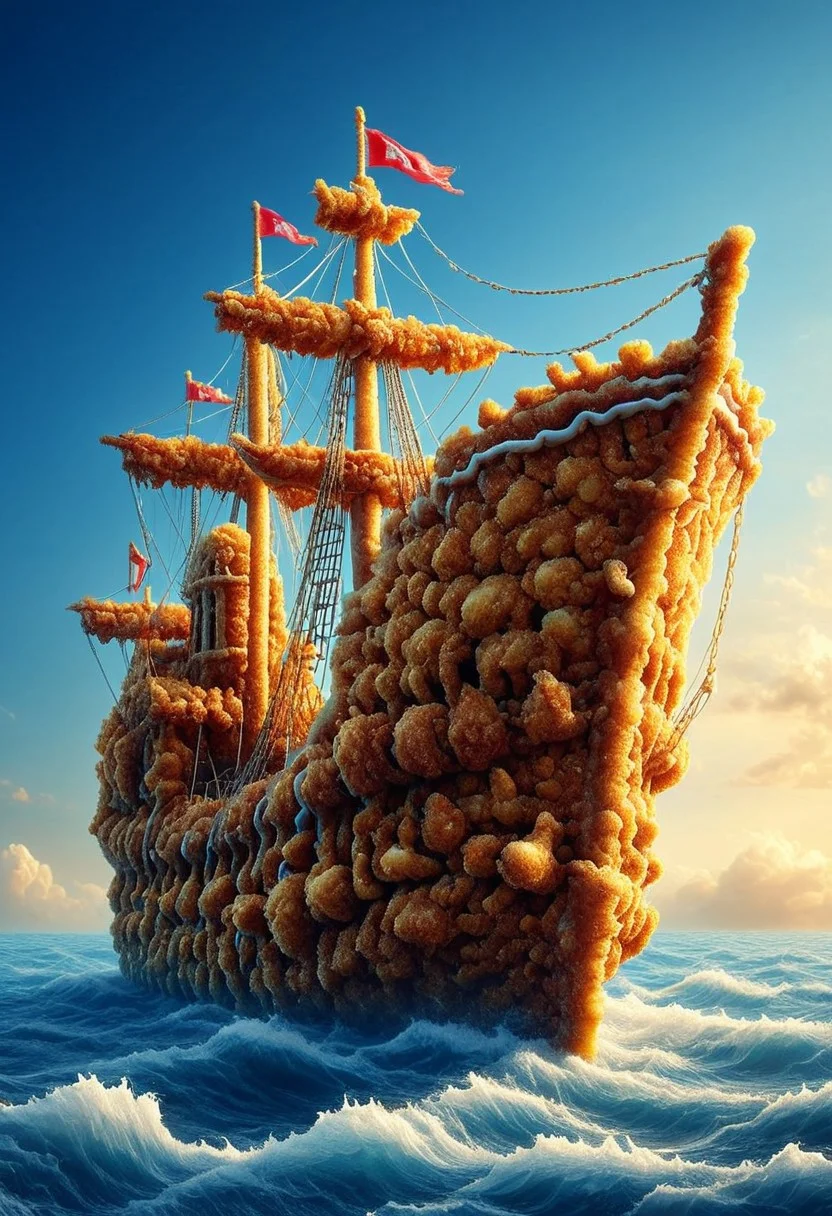 (sculpture ship made of deep fried & crispy breading:1.25), DFC, (breaded:0.3), perfect composition, elaborate, (ultra realistic:1.1), detailed background, masterpiece, best quality, highly detailed, hyper-detailed, uhd, vibrant colors, extremely detailed, exquisite detail, intricate, ultra-realistic, ultra-detailed,  open sea landscape