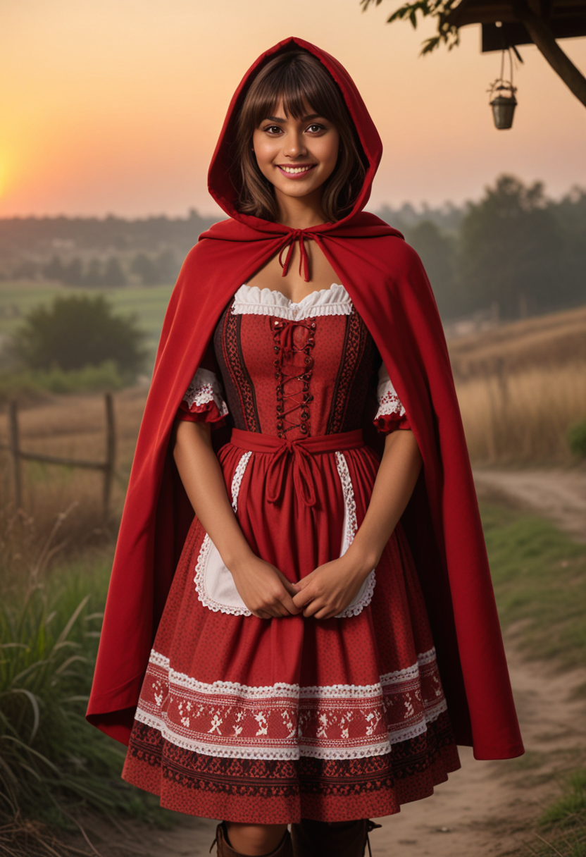 (medium full shot) of (kind-hearted red riding hood) young woman, indian, tan skin, brown eyes, slender build, short brown curtain bangs hair, wearing a scarlet hooded cape, patterned dress with apron , buttoned boots, black eyeshadow, bonnet, set in  , during sunset, woman smiling, Masterpiece,best quality, photo, realistic, very aesthetic, detailed face,