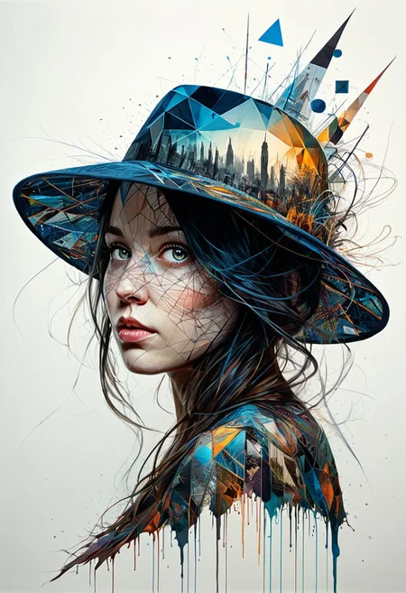 mysterious silhouette woman with hat, by Minjae Lee, Carne Griffiths, Emily Kell, Steve McCurry, Geoffroy Thoorens, Aaron Horkey, Jordan Grimmer, Greg Rutkowski, amazing depth, double exposure, surreal, geometric patterns, intricately detailed, bokeh, perfect balanced, deep fine borders, artistic photorealism , smooth, great masterwork by head of prompt engineering