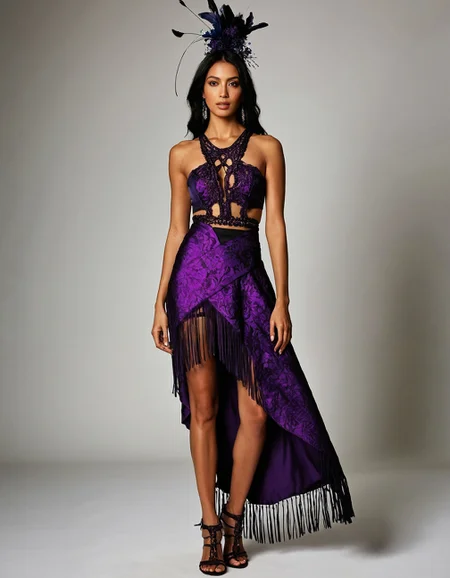 ethereal fantasy concept art of  Imagine a Provocative Counterculture style, a bold fusion of disruptive expression with psychedelic colors and unpredictable patterns. Fabrics are organic, adorned with fringed details that evoke a sense of disregard. The silhouette embraces unstructured lines, offering unrestricted movement and an air of unapologeticness. Accessories are artisanal, creating a tactile statement of independence. The color palette is a clash of deep purples, woven into disorienting designs, creating an aura of intense freedom. The flourished patterns and daring colors are balanced by a monochromatic background, creating a sense of dynamic movement and contrast. The delicate fabrics and unstructured silhouettes evoke a sense of nonconformity, while the artisanal accessories and disorienting colors create a sense of provocation. This style is reminiscent of a Gothic Revival aesthetic, with its delicate details and grandiose silhouettes, yet it's also infused with a Victorian Futurism sense of mechanical whimsy. The overall vibe is Minimalist, with a focus on clean lines and a contrast between form and function, yet it's also Rococo in its luxurious excess and theatrical flair., inspired by the intricate works of alluring artistry. A masterpiece by ((Franz Richard Unterberger)) . magnificent, celestial, ethereal, painterly, epic, majestic, magical, fantasy art, cover art, dreamy