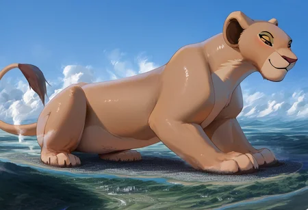 Safe_pos, score_9, score_8_up, score_7_up, detailed face, best quality, 1girl, solo, masterpiece, detailed background, beautiful, detailed eyes, mature female, giantess, macro
side view, lien,
1girl, solo, furry art, feral, Nala, Lioness , Solo, Lion King, Disney, furry, On fours, tail, full body view,
pin up pose, sitting on ground, light smile, narrowed eyes, blush
long river, skyline, cityscape, destroyed cityscape, earthquake, steam, fog, craters