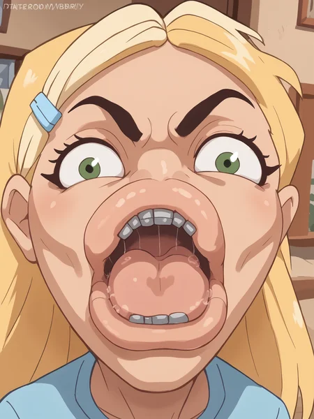 <lora:sharonv3:1> <lora:buchukisu licking PonyXL:0.8> <lora:rage_r1:0.8> rage, shouting, open_mouth, buclick, saliva trail, tongue out, uvula, open mouth, looking at viewer, drooling, close-up, saliva drip, 1girl, xsharonx, blonde hair, long hair, green eyes, braces, hairclip, portrait, extremely detailed, angry, looking at viewer, blue shirt, baby crib in background BREAK score_9, score_8_up, score_7_up, score_6_up, score_5_up, score_4_up