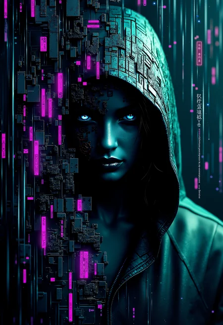 bo-digitalabstract, dark and futuristic cyberpunk aesthetic featuring a mysterious hooded woman emerging from a complex backdrop of intricate circuitry and glowing digital elements. The figureâs face is partially hidden in shadow, showcasing striking features with an alluring, serene expression. The colors are predominantly deep green and blacks, with vibrant purple and blue accents creating a stark contrast against the dark background. The setting conveys a sense of high-tech urban mystery, with lines and grids suggesting advanced technology and a digital world. The overall composition is hyper-realistic, emphasizing depth and detail in both the figure and the backdrop, evoking an atmosphere of intrigue and concealed power.<lora:Flux\boFLUX Digital Abstract.safetensors:1.0:1.0>