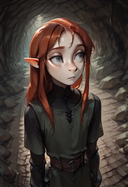 1person, solo, Lapanya, Malgha, freckles, pointy ears, Long-sleeve black shirt, green tunic,
looking to the side, looking away from viewer, high angle, coy expression,
Underground, organic cavern,
Masterpiece, high quality, highly detailed, perfect eyes, detailed freckles,