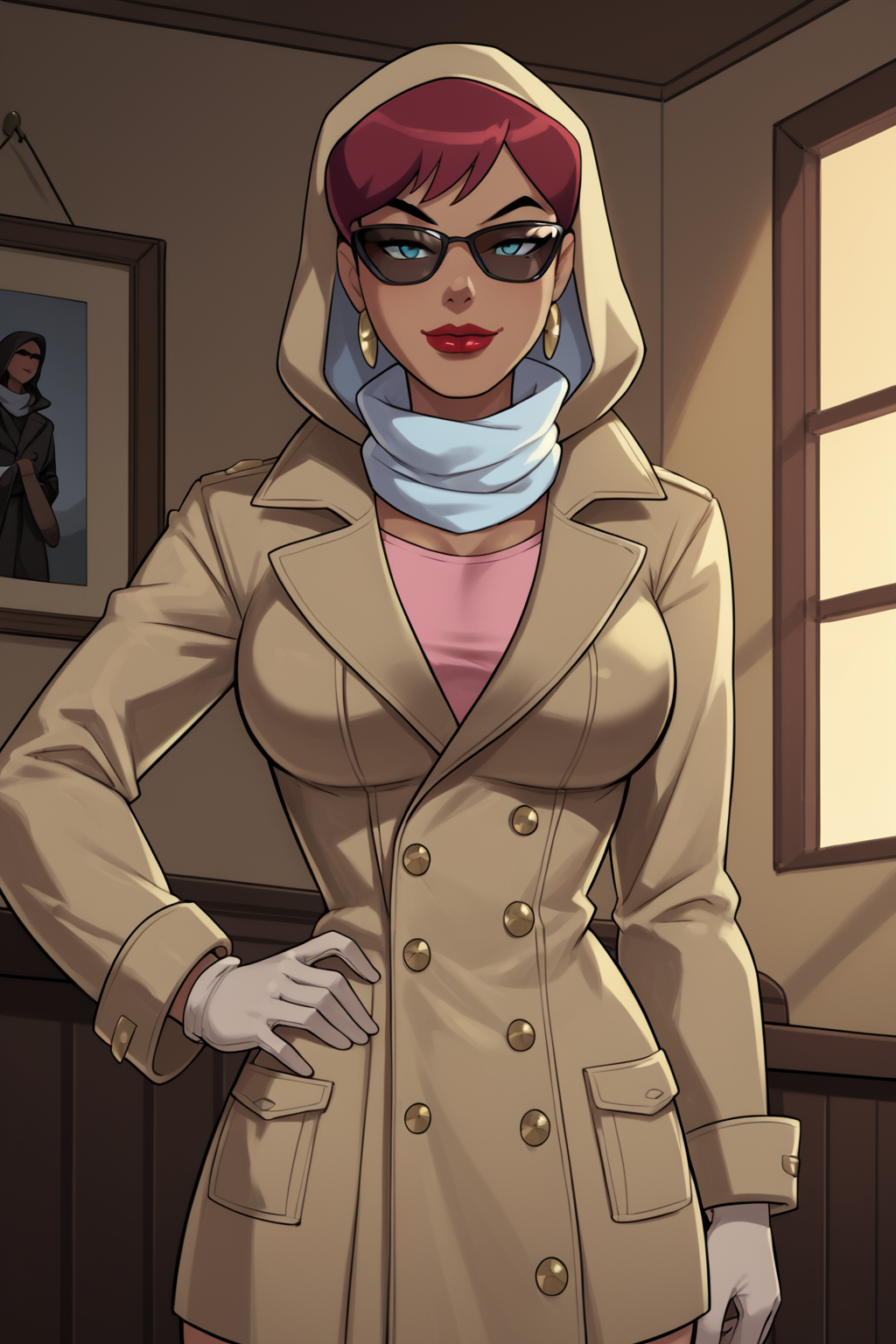 PonyXLV6_Scores BREAK ((parody), perfect anatomy, perfect eyes, cowboy shot), <lora:add_details_xl:0.8> BREAK <lora:Giganta_-_DC_Animated_Universe:0.8> doris zeul, dark-skinned female, makeup, lipstick, red lips, sultry eyes, naughty face, raised eyebrow, ((looking at viewer)), sunglasses, scarf, hood, coat, trench coat, gloves, large breasts, curvy, toned, athletic, sexually suggestive pose, hand on hip, hand on head, head back, indoors