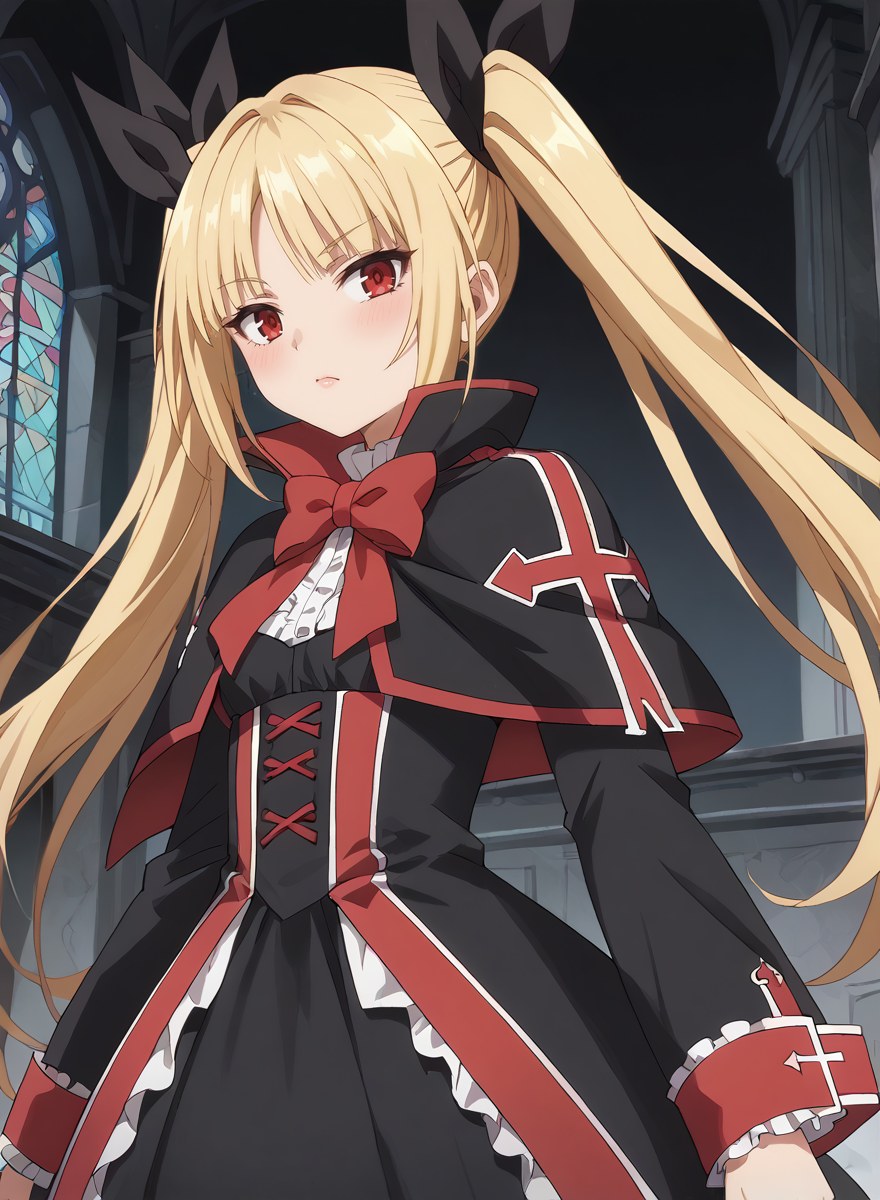 score_9, score_8_up, score_7_up, score_6_up, score_5_up, score_4_up, source_anime, anime screencap, masterpiece, insanely detailed, detailed background, zPDXL3, BREAK, RachelAlucardBB,1girl,solo,long hair,blonde hair,red eyes,red bow,ribbon,twintails,black hair ribbon,small breasts,frills,red bow,ghotic fashion,black capelet ,red cross pattern,black dress