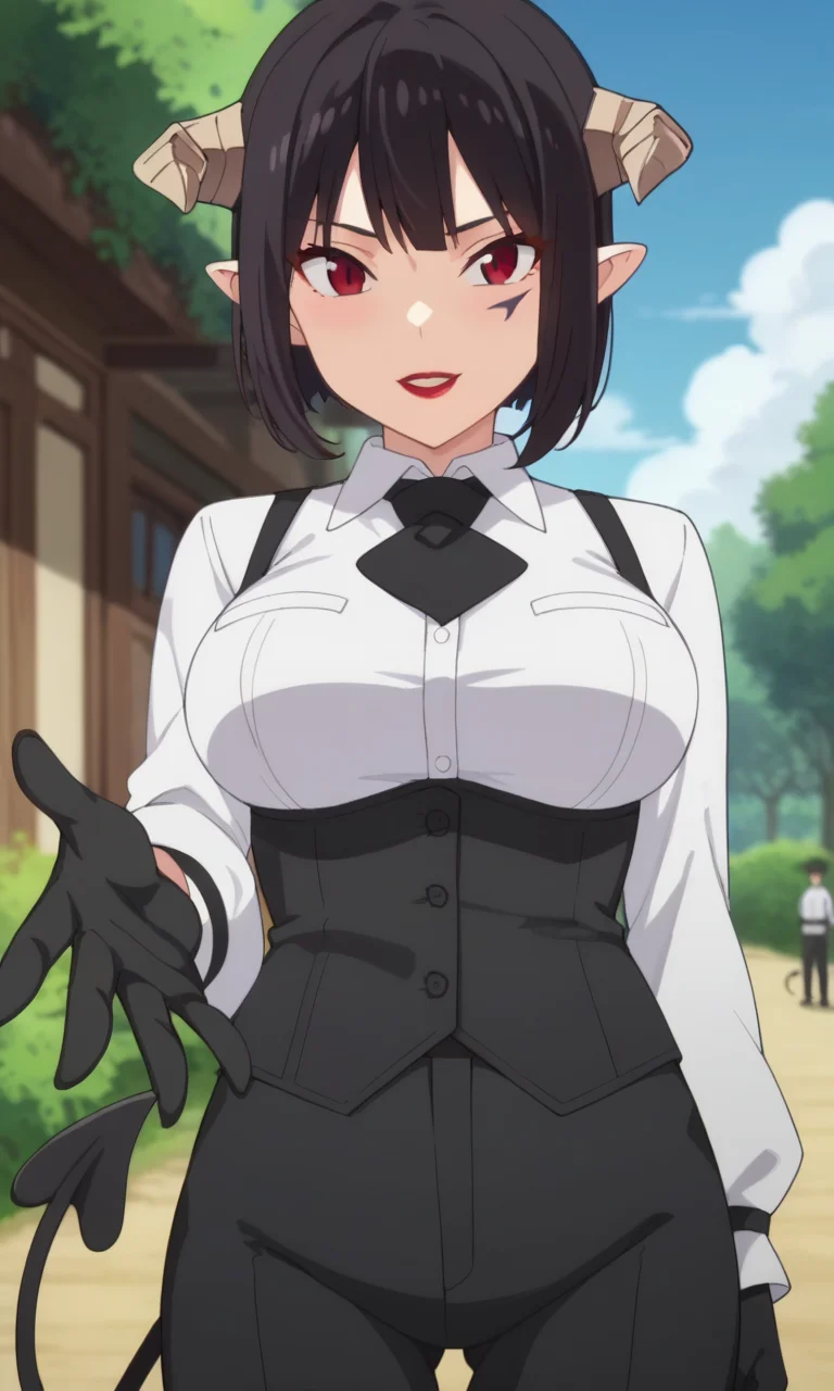 score_9, score_8_up, score_7_up, 1girl, <lora:torture_tortura:1> torturaxl, red eyes, black hair, short hair, pointy ears, facial mark, black gloves, large breasts, red lips, demon horns, demon tail, black pants, black corset, white shirt, collared shirt, long sleeves, black necktie, vest, demon girl, looking at viewer, reaching, solo focus, outdoors, blue sky, nature, standing, anime style, screencap